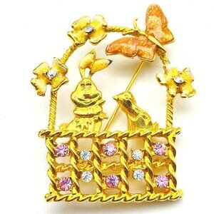 AS Signed Easter Basket Brooch Gold Tone Bunny Chick Flowers Rhinestones Vintage